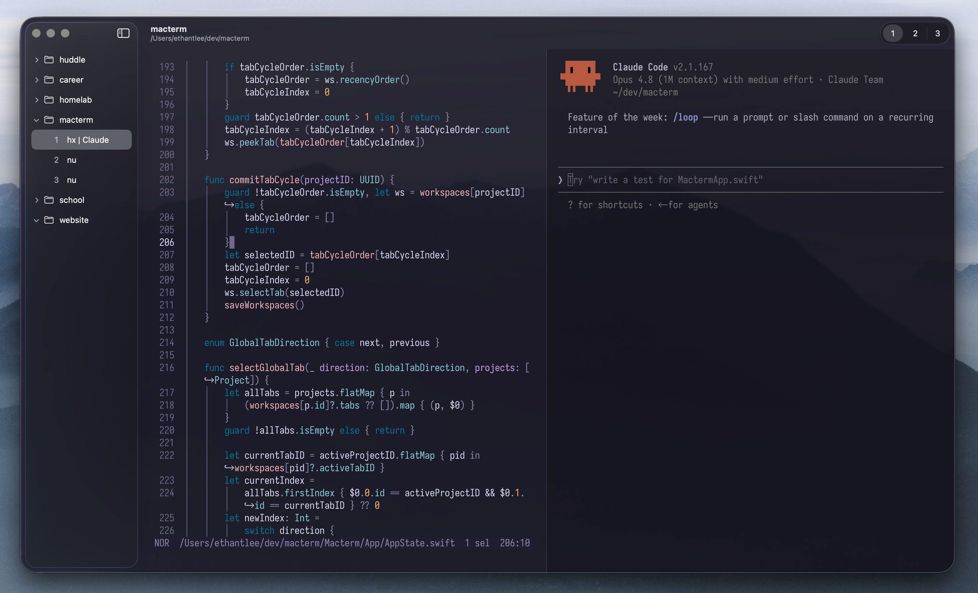 Macterm running on macOS: a vertical project sidebar lists projects on the left, a code editor fills the center, and a Claude Code session runs in a split pane on the right.