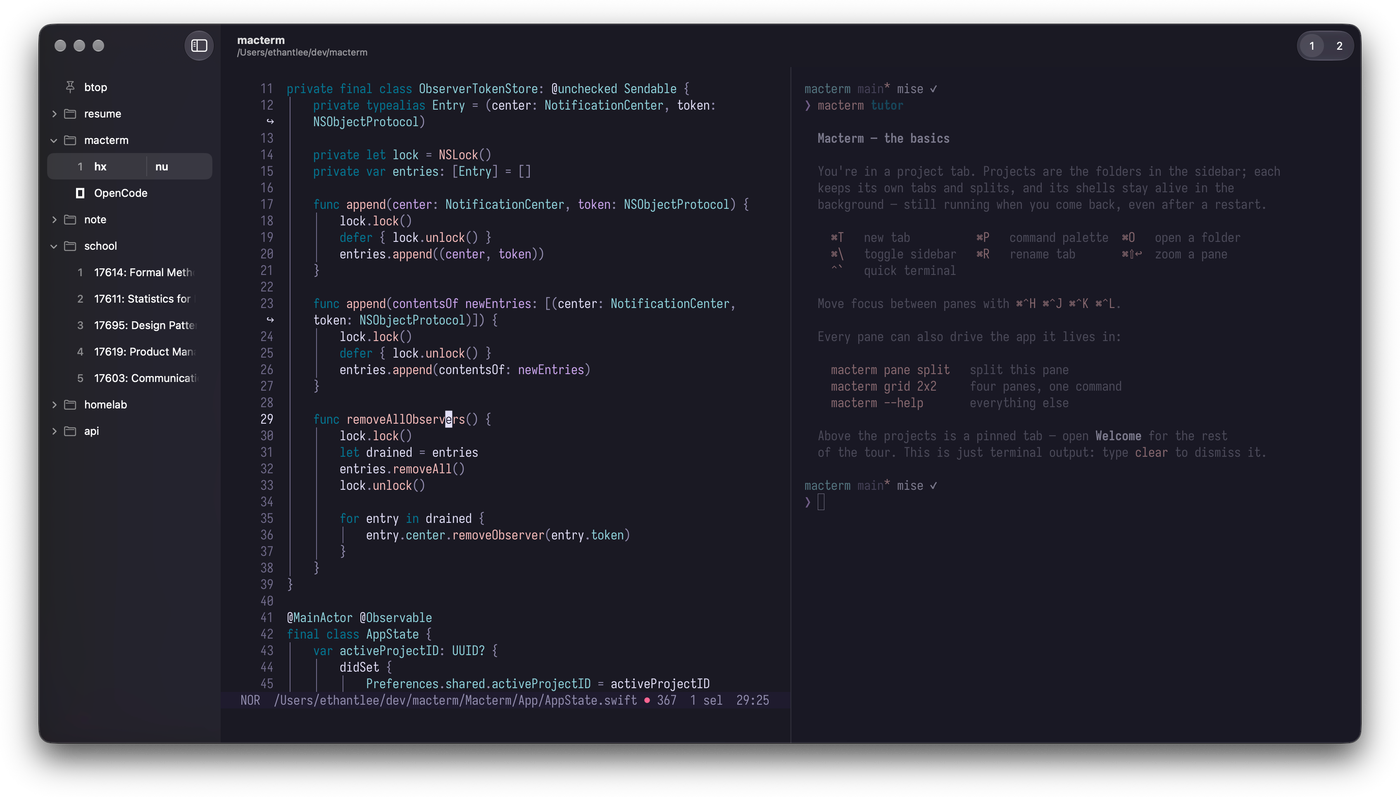 Macterm running on macOS — the project sidebar beside an editor pane and a shell pane